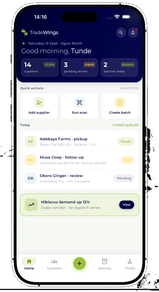 The TradeWings app home screen showing a batch with its quality score